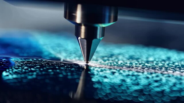 Precision laser engraving machine creating intricate patterns on a textured blue surface with water droplets, close-up shot, symbolizing advanced manufacturing