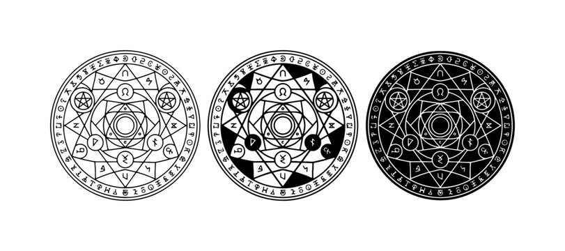 Alchemy Circles, Magic Symbols, Occult Runes, Mystical Geometric Designs, Vector Set