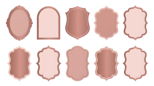 Set of rose gold frames, elegant decorative labels, vintage border badges, luxury wedding invitation templates isolated on transparent background