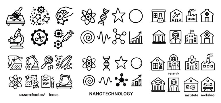 Nanotechnology icons with microscope dna atom outline