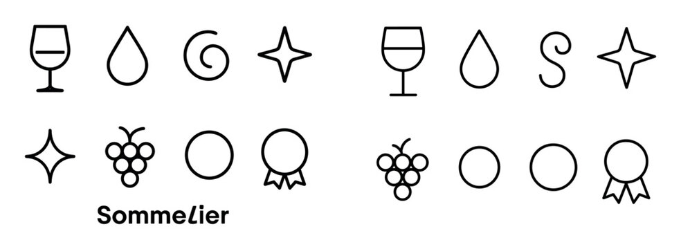 Wine tasting icons with glass grape medal outline