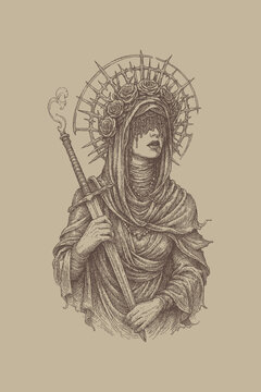 Sacred Veiled Woman with Crown of Thorns and Sword