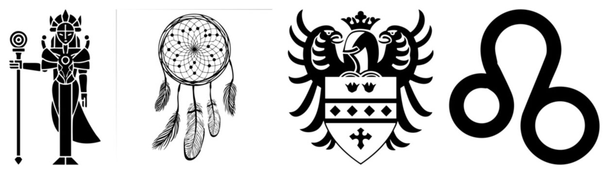 Powerful set featuring a divine goddess or spirit queen, a woven dreamcatcher, a majestic double headed eagle, and the Leo zodiac glyph. These occult symbols offer a dark mystical aesthetic.