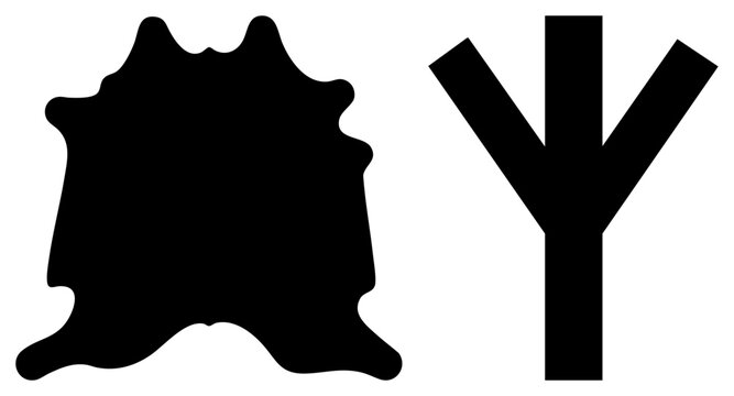 This minimalist composition features a dark animal skin pelt and a mysterious algiz rune. The jagged edges of the hide shape contrast with the sharp geometric of the yggdrasil stave.