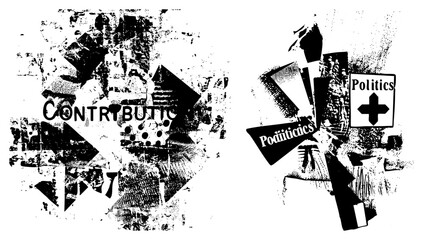 Fototapeta premium This edgy assemblage features a distressed contribution scrap, political collage, and newsprint fragments. The gritty montage uses high contrast halftone textures for a raw aesthetic.