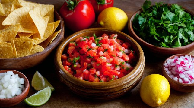 Fresh Pico de Gallo Traditional Mexican Sauce Made with Tomato, Onion, Cilantro, Green Chili and Lemon Juice, Healthy Homemade Salsa Recipe for Appetizers, Tacos and Snacks