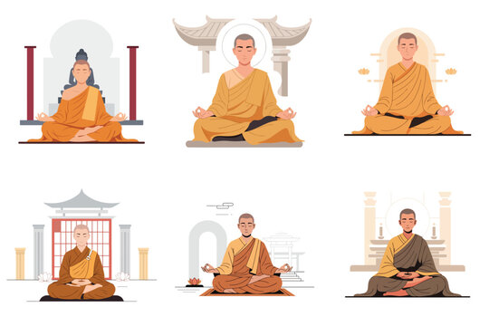 A collection of diverse Buddhist monks meditating in peaceful poses, embodying spiritual tranquility and mindfulness practice for inner serenity and enlightenment