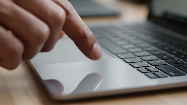 Close-up of a person's finger using a laptop touchpad, typing on keyboard
