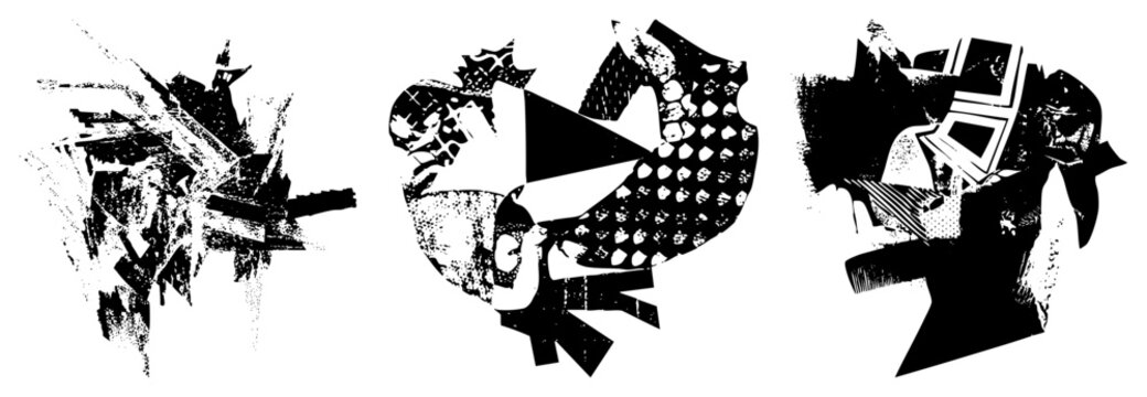 Edgy mix of punk style scraps and collage art featuring distorted forms. This gritty assemblage uses halftone and jagged bits to create a raw, deconstructed visual energy.
