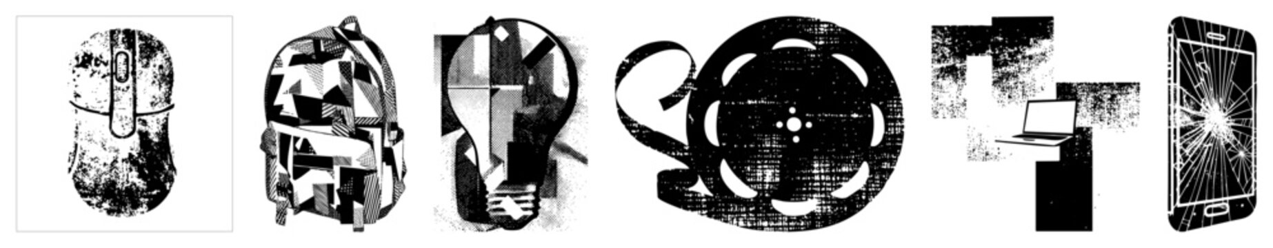 Distressed graphic elements featuring a computer mouse, rucksack, light bulb, film reel, laptop, and smashed smartphone. These rough textured assets include a busted handset and a heavy duty pack.
