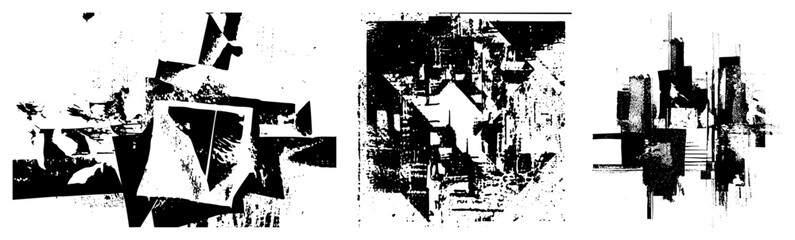 Fototapeta premium Gritty collection of abstract ink blots and distorted geometry. These expressive splatters, or ink splashes, feature heavy halftone textures and rough stencil edges for a raw aesthetic.