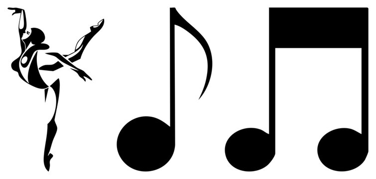 This graceful ballet dancer, often called a prima or danseuse, performs alongside rhythmic musical notes. The composition features a sleek dancer and melodic symbols in a clean stencil style.