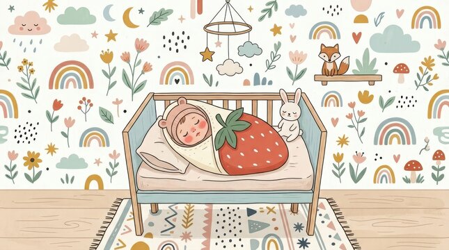 Little baby rests in a crib, covered in a big strawberry swaddle, with a bunny friend