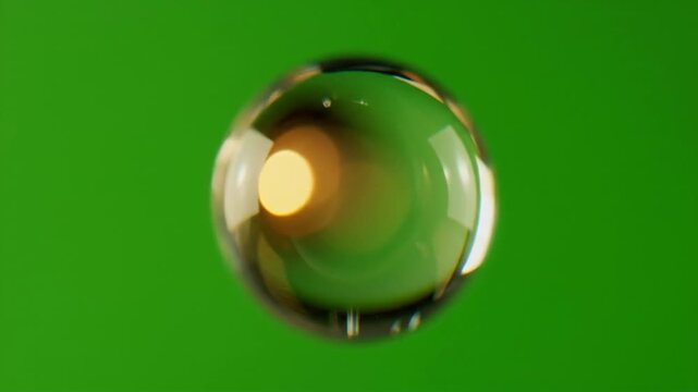 Close-up of a transparent sphere with a green orb inside against a green background