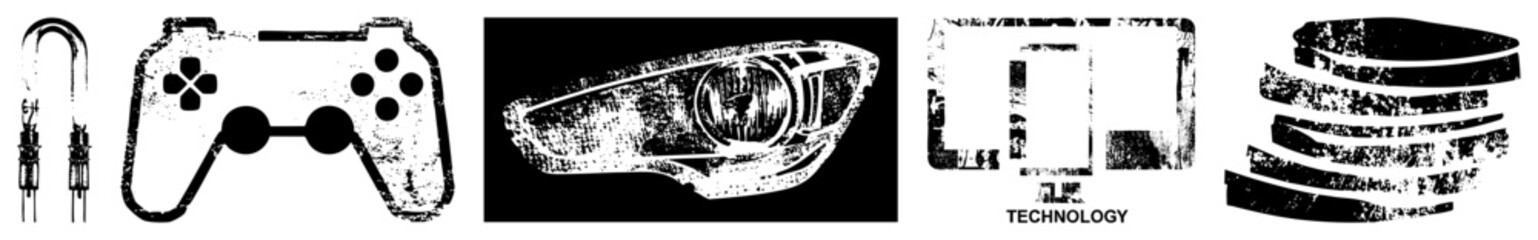 Obraz premium Collection of gritty elements featuring a game controller, car headlight, and hardware components. This vintage stencil set includes a gamepad, lamp, and tech scraps with heavy texture.
