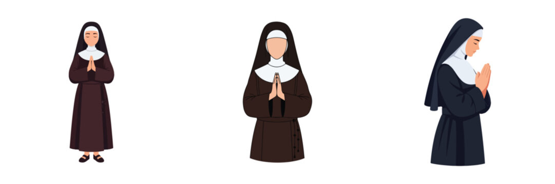 A collection of diverse illustrated characters depicting Catholic nuns in various prayerful and contemplative poses, symbolizing faith, devotion, and a life dedicated to spiritual service