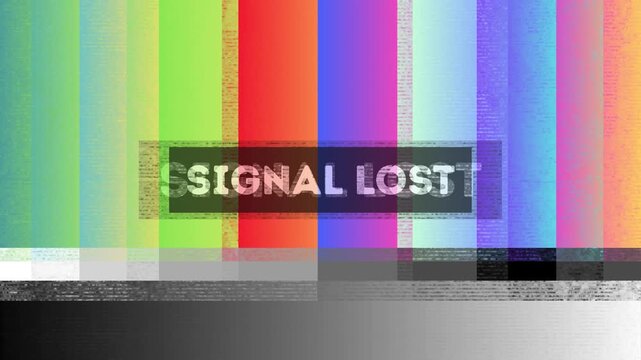 Classic television display with vibrant test patterns and a 'signal lost' message, representing technical interruption and screen malfunction