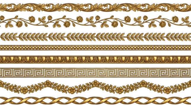 Set of golden decorative borders, vintage floral and geometric frames isolated on transparent background