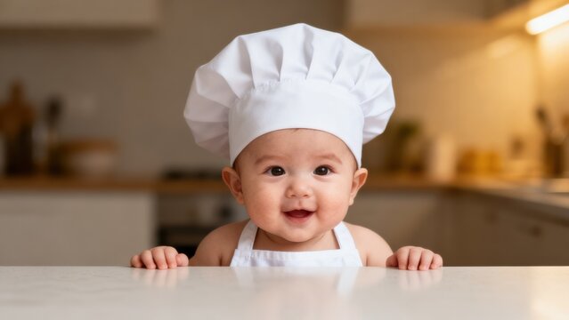 Baby in chef hat at kitchen counter