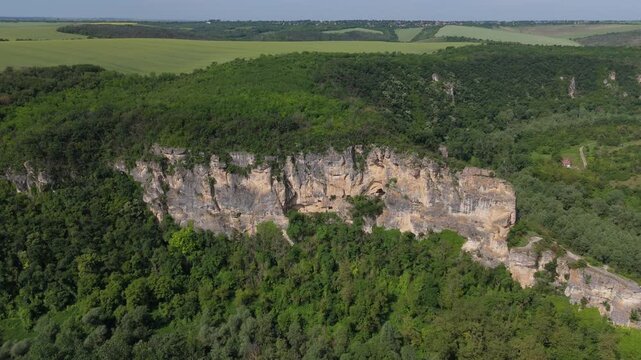 Ivanovo Rock-Hewn Churches aerial drone view, Rusenski Lom, Bulgaria