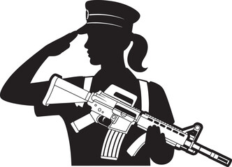 Fototapeta premium Silhouette of female soldier saluting with rifle on transparent background.