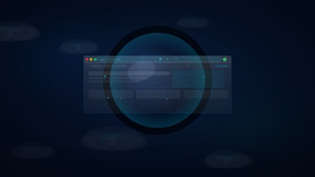 A futuristic HUD-style motion graphic animation showcasing a website domain availability check for a generic URL, transitioning into a successful secure connection and online launch status message.