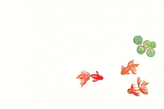 金魚の手描き水彩イラスト　左コピースペース