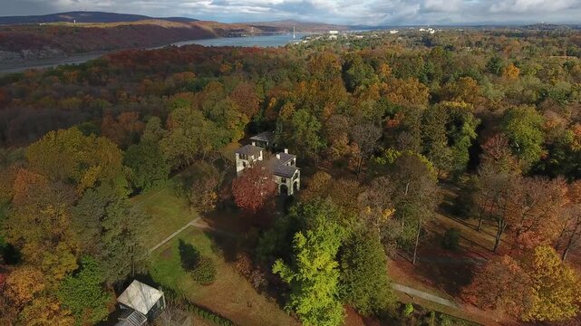 Aerial view of Locust Grove Historic Site and the Samuel F. B. Morse house surrounded by autumn foliage and the Hudson River in Poughkeepsie, New York, United States.