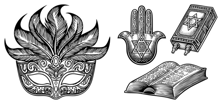 This vintage etching features a feathered masquerade face, a protective hamsa hand, and an open holy book. These mystical talismans and ritualistic items are rendered in a detailed woodcut style.