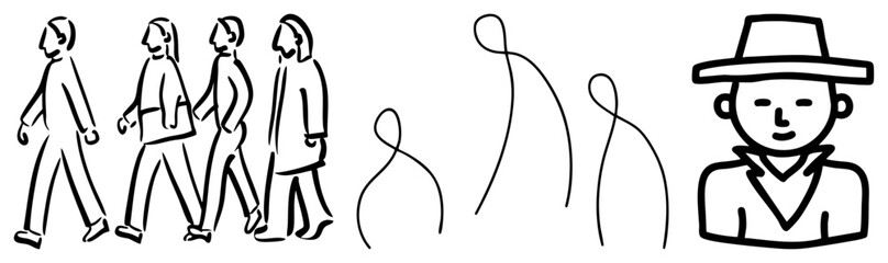 Fototapeta premium Simple black drawings featuring a group of pedestrians and a single gentleman in a fedora. These stick figures and hat man sketches capture movement and character through basic strokes.