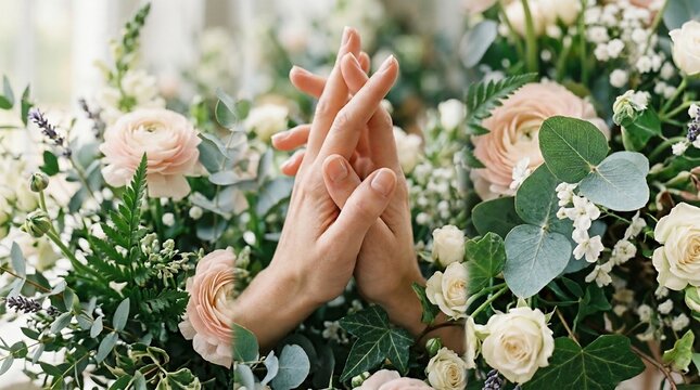 Hands with floral arrangement and roses