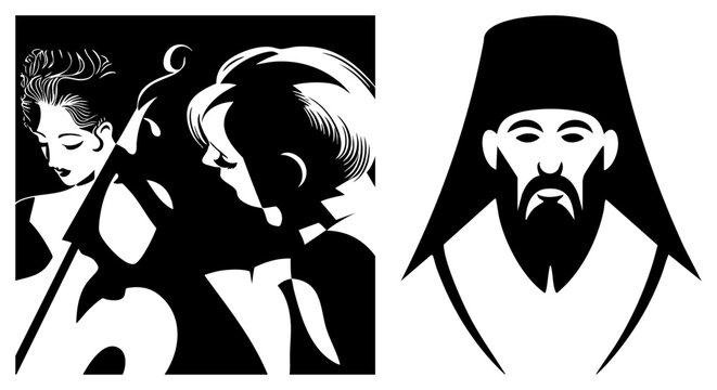 High contrast black and white art featuring a solemn monk, a cello player, and a musical duo. This stencil composition captures a spiritual figure alongside classic stringed instruments.