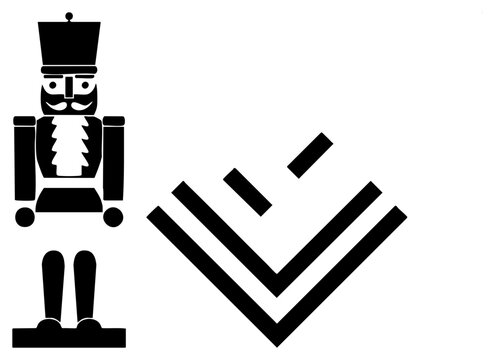Stylized nutcracker toy and sharp emblem presented in a flat black silhouette style. This wooden soldier figurine and geometric mark feature clean and bold shapes.