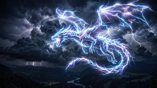 Mythical Lightning Dragon Soaring Through a Stormy Night Sky with Thunder and Rain