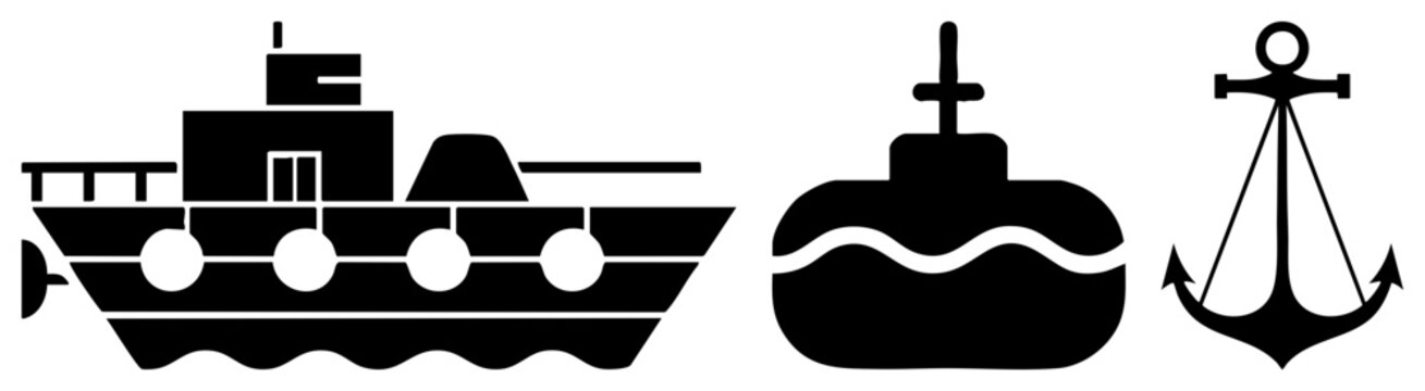 Collection of maritime symbols featuring a seafaring vessel, a deep sea sub, and a heavy iron anchor. These navy elements showcase bold silhouettes of nautical gear and ocean transport.