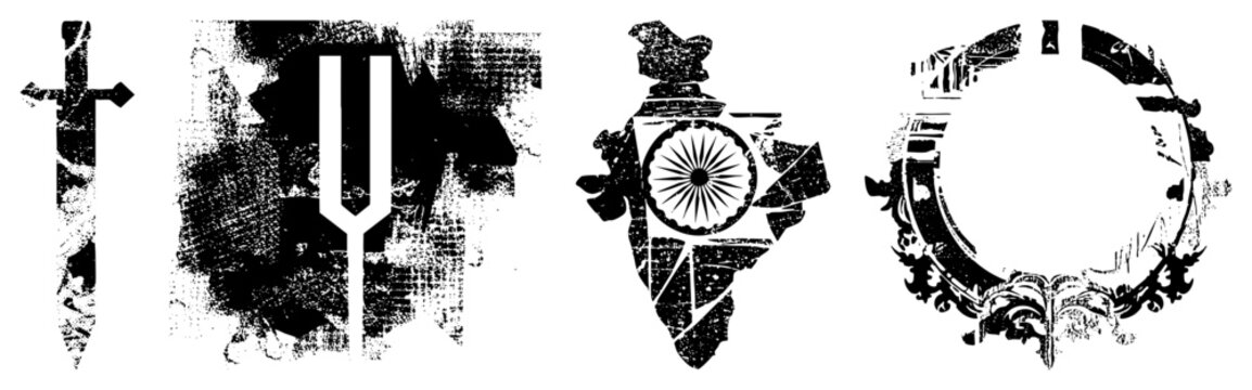 This distressed collection features a weathered map of Bharat, a sharp kirpan, a trident like trishula, and a circular emblem. Each stencil element heavy ink textures and worn edges.