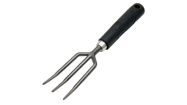 Classic metal three prong hand weeding fork tool for gardening on transparent background