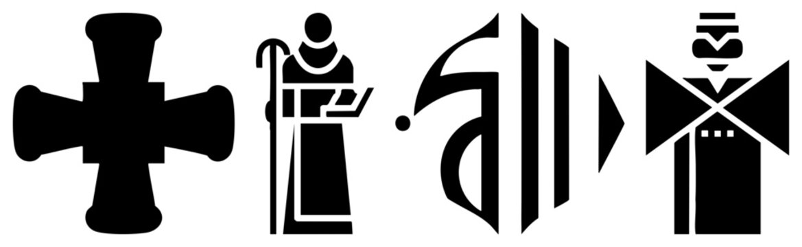 Collection of sharp black glyphs including a religious, a wandering monk, and stylized ritualistic symbols. These spiritual and ascetic shapes offer a clean, high contrast aesthetic.