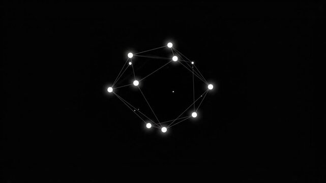 Abstract animation of a glowing white geometric network rotating and evolving against a stark black background, representing complex data connections and digital structures.