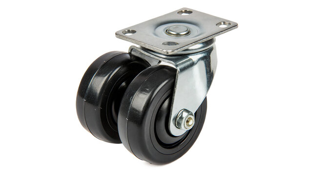 Industrial heavy duty swivel caster wheel black rubber trolley component on transparent background