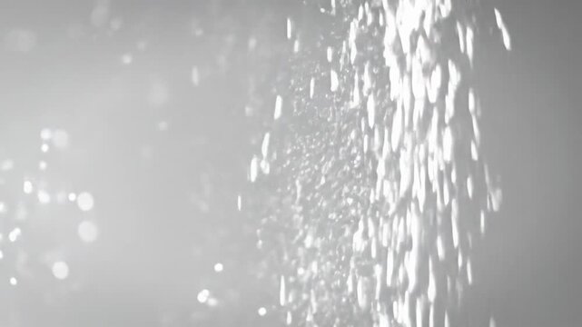 Ethereal pearlescent dust particles gently cascade in slow-motion against a pristine pure white cyclorama. Ultra-soft high-key studio lighting, slow push-in video, dreamy bokeh, evoking pristine