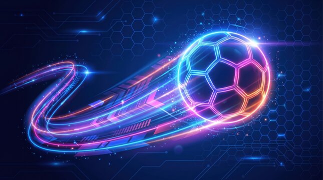 Neon soccer ball with glowing trails on dark blue background