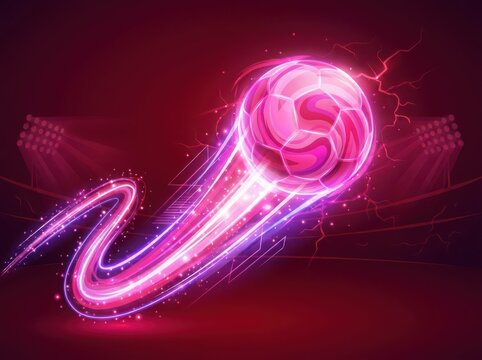 Glowing pink soccer ball with neon light trails on a dark background