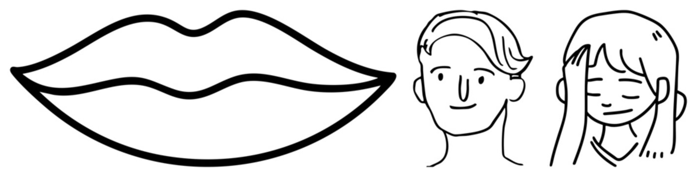 This simple set includes a pair of luscious puckered lips, a calm, and a tired girl. These facial features, or mugshots, showcase various human expressions in a clean doodle style.