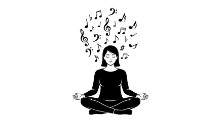 Woman sitting in a lotus position meditates while musical notes float around her to represent harmony. © berkah