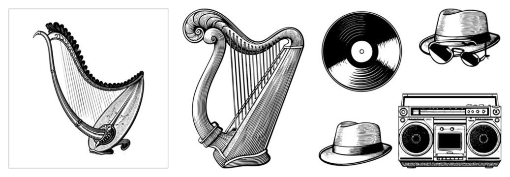 Collection of classical lyres and old school boomboxes with vinyl records, fedoras, and shades. This etched musical kit features an antique harp, a jukebox style radio, and classic discs.