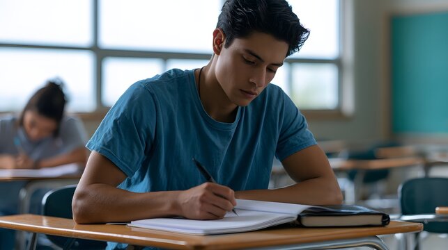 Student deeply engaged in notebook work