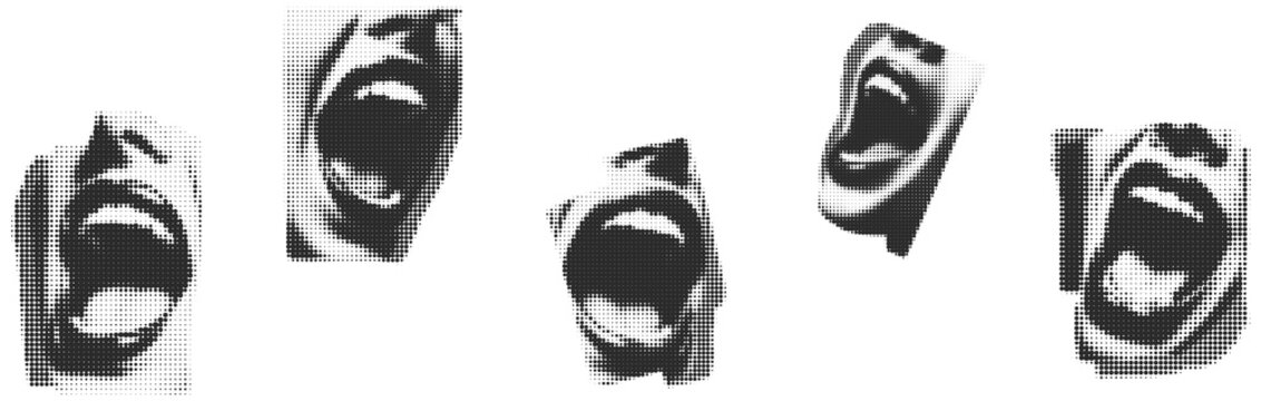 Open mouth singing as isolated retro halftone collage cut-out element. Vintage dotted texture with grunge punk style for mixed media design.	

