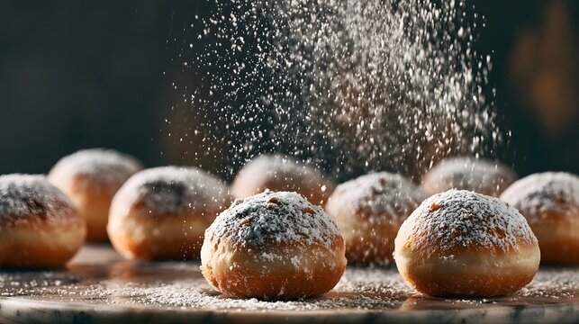 Delicious doughnuts dusted with sugar, captured mid-sprinkle