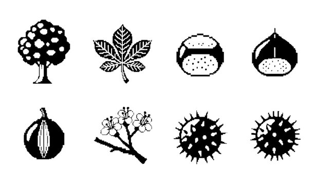 Pixel Art Chestnut Icon Set with Tree Leaf Nut Flower and Bur in Retro 8-Bit Style